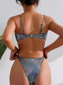 SHEIN Swim 细肩带拼色比基尼套装，带圆环装饰，非常适合夏季度假海滩穿着 - 黑色 - 查看 2