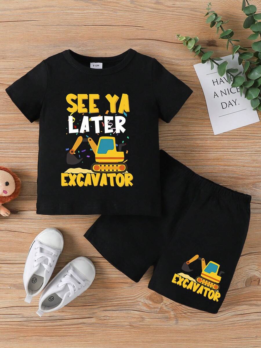 SHEIN GraphicGems Bộ áo ngắn tay và quần short in chữ dễ thương cho bé trai, mùa hè vui nhộn thường ngày - màu đen - Xem 1