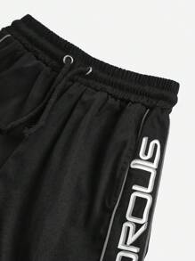 SHEIN Tween Boy Woven Color Blocking Reflective Drawstring Shorts With Letter Print - Black - View 10