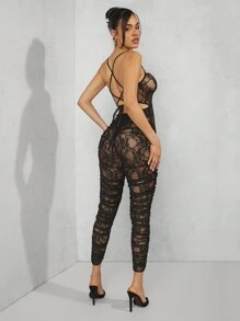 Hauture Lace Ruched Backless Cami Unitard Jumpsuit - Black - View 2
