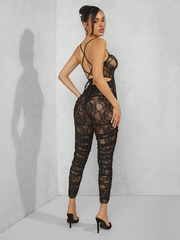 Lace Ruched Backless Cami Unitard Jumpsuit