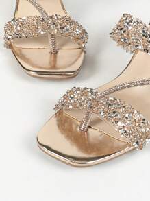 女士金屬質感開口方頭高跟涼鞋，夏季閃亮鑽石裝飾透明PVC帶夾趾拖鞋，適合時尚派對和宴會，高透明度厚跟，適合室內和戶外穿著 - 香檳色 - 查看 8