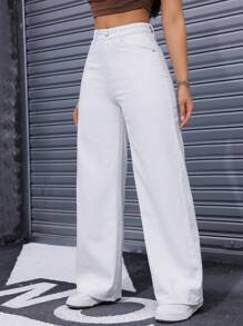 SHEIN ICON Women Stylish Solid Color Wide Leg Loose Fit Denim Jeans, Versatile - White - View 4
