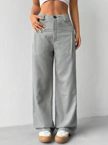 SHEIN Unity Solid Color High Waist Straight Leg Suit Pants - Grey - View 5
