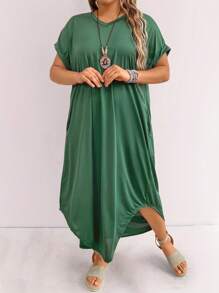 SHEIN LUNE Kích thước lớn NỮ Mùa hè Màu thuần Cổ chữ V Ngắn tay Lỏng lẻo Đầm - Màu xanh lá cây đậm - Xem 5
