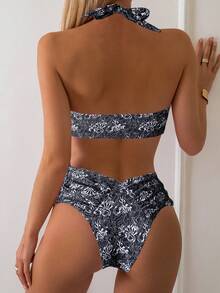 SHEIN Swim 全印花荷葉邊領口比基尼套裝 - 黑與白 - 查看 2