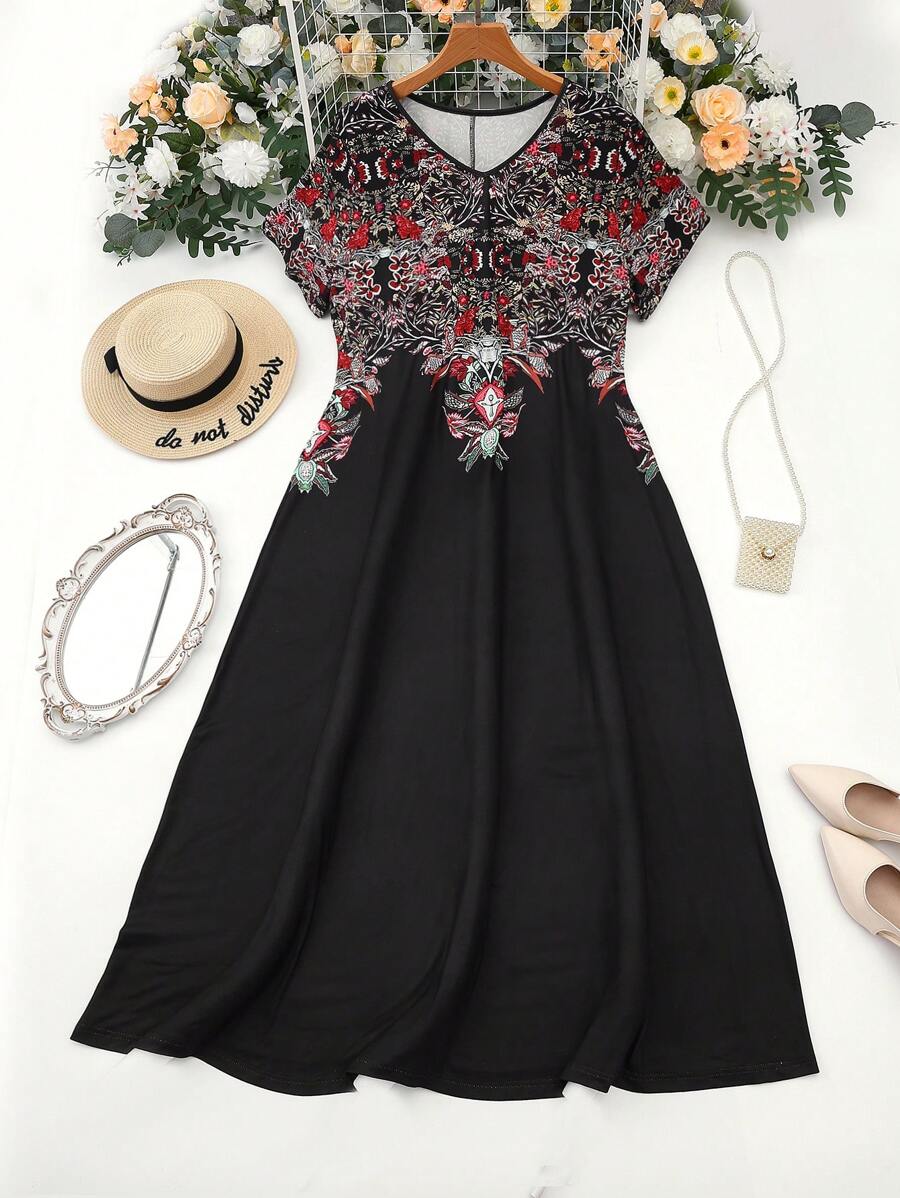 Seusyu Plus Size Resort Casual Positioning Printed Batwing Sleeve Dress - Multicolor - View 1