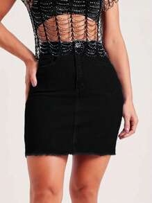 Form-Fitting High-Waist Fringe Trim Denim Skirt - Black - View 4