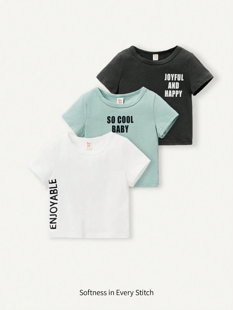Baby Boy Knitted Soft Letter Print Round Neck T-Shirt, 3pcs/Set