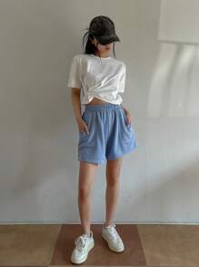 DAZY Solid Color Loose Pleated Short Sleeve T-Shirt - White - View 2