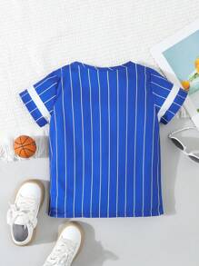 SHEIN 少女街頭風條紋襯衫，印有英文字母，適合戶外街舞、夏季穿著 - 藍色 - 查看 2