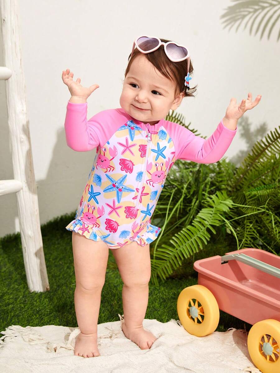 Em bé Cô gái Sao biển & Cua Mô hình Dây kéo Tương phản Màu sắc Đồ bơi - Nhiều màu - Xem 1