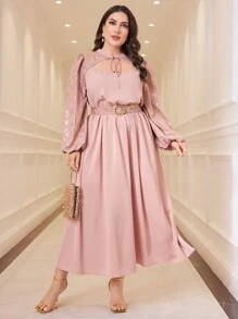 Modelyn Plus Size Women\ Belt Decorated Hollow Out Elegant Dress - Pink - View 1