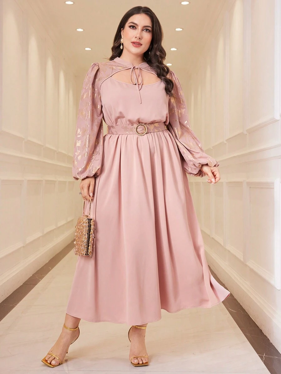 Modelyn Plus Size Women\ Belt Decorated Hollow Out Elegant Dress - Pink - View 1