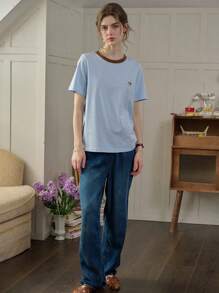 Simple Retro Women Embroidered Patch Color Block Round Neck Casual T-Shirt - Blue - View 3
