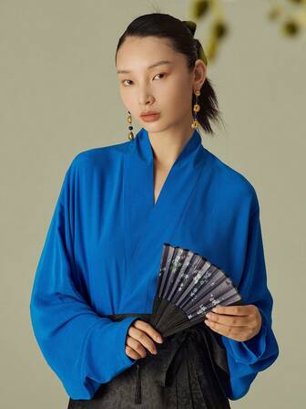 Chinese Style Top For Women Hanfu, Loose And Simple, With Crossed Collar And Wide Kimono Sleeves