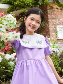 SHEIN Tween Girl Loose Casual Color-Block Embroidered Big Lapel Puff Sleeve Dress