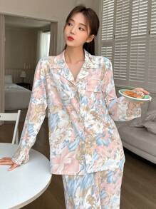 DAZY Conjunto de pijama floral estampado sencillo para mujer