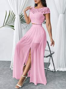 SHEIN Privé 女性蕾絲T恤和透明雪紡A字裙套裝，為優雅的假日或婚禮季節而設 - 粉色 - 查看 6