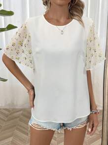SHEIN LUNE 女士純色簡約網紗拼接圓領襯衫 - 白色 - 查看 3