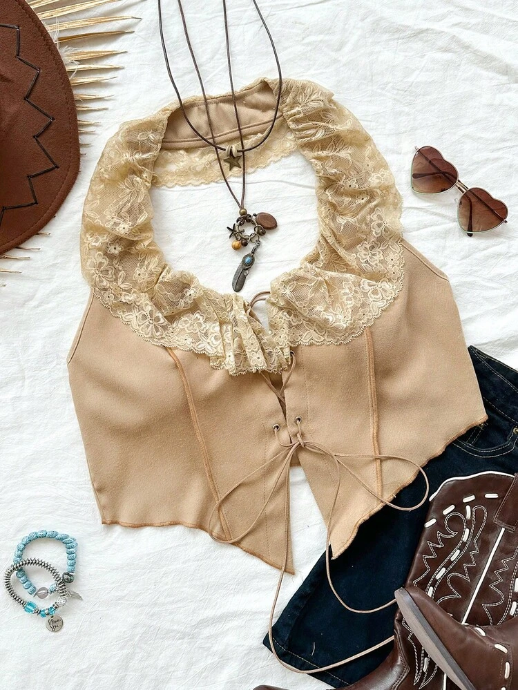 Lace Neck Tie Plus Size Shirt