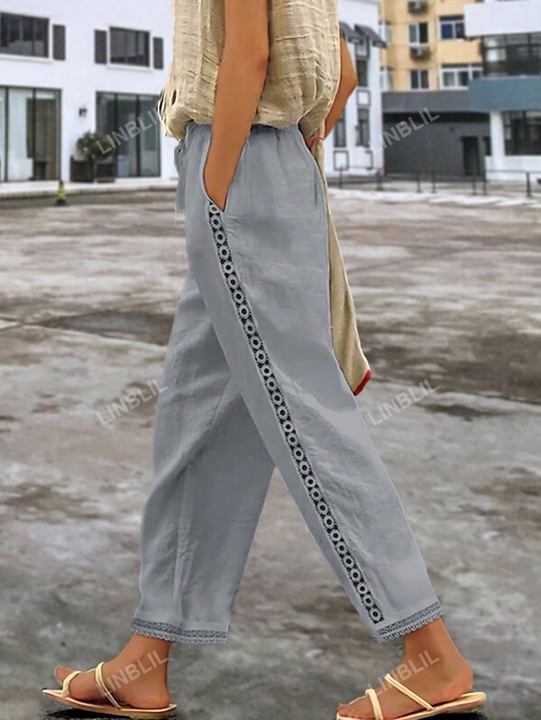 Pantalones rectos de mujer de cintura media, de lino artificial, de unicolor, con bolsillo de encaje, para uso casual y de vacaciones