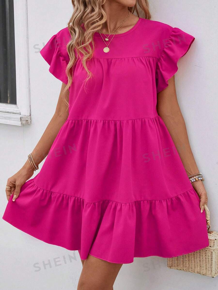 Breezaya Rochie Babydoll Lejeră De Vară, Culoare Solidă, Decolteu Rotund, Cu Volane, Tinuta De Plajă De Vacanță