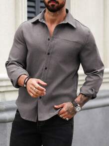 Manfinity Homme Men Casual Solid Color Long Sleeve Shirt, Spring/Autumn, Winter - Dark Grey - View 6