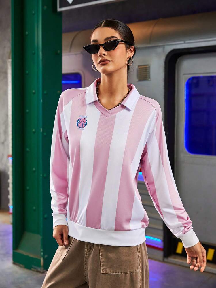 Women Striped Printed Casual Daily Long Sleeve Polo Shirt For Sports
