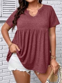 SHEIN LUNE Áo thun tay ngắn cổ tròn cỡ lớn mùa hè thường ngày màu trơn - Đỏ - Xem 4