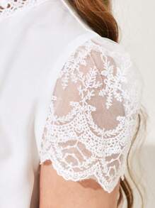Ontre Camisa casual de manga corta de encaje tejido para niña adolescente, primavera/verano - Blanco - Ver 2