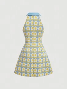 SHEIN MOD 女士复古印花翻领休闲无袖迷你连衣裙 - 淺藍色 - 查看 2