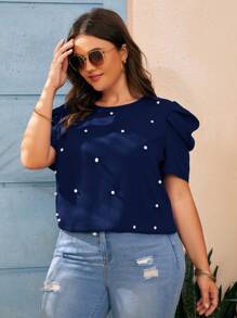 SHEIN Clasi Plus Size Women Fashionable Round Neck Shirt With Pearl Design - Navy Blue - View 4