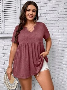 SHEIN LUNE Áo thun tay ngắn cổ tròn cỡ lớn mùa hè thường ngày màu trơn - Đỏ - Xem 1