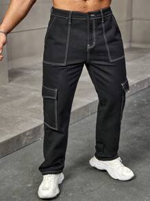 Manfinity Homme 男士街頭風格對比縫紉翻轉口袋工裝牛仔褲 - 黑色 - 查看 4