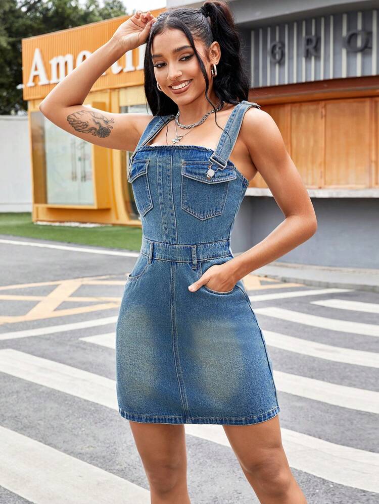 Women Adjustable Strap Casual Cargo Bodycon Denim Dress For Summer