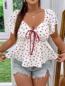 Sunnyshic Áo sơ mi dài tay cỡ lớn màu anh đào & Ditsy có tay áo Raglan - trắng - Xem 1