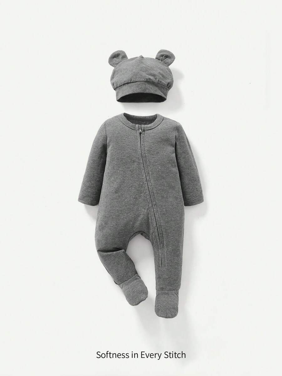 Cozy Pixies Newborn Baby Boy Solid Zip Front Jumpsuit & Hat - Dark Grey - View 1