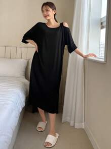 DAZY Modal Open Shoulder Loose Homewear Dress, Moo Moo Lounge Dress Pajama - Black - View 5