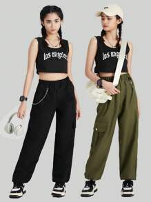 Pantalones cargo para adolescente con cintura elástica y decoración de cadena - Multicolor - Ver 3
