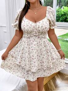 Flirla Plus Size Sweetheart Neck Short Sleeve Layered Floral Print Dress, For Summer - Apricot - View 1