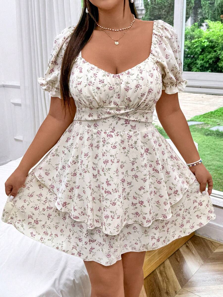 Flirla Plus Size Sweetheart Neck Short Sleeve Layered Floral Print Dress, For Summer - Apricot - View 1
