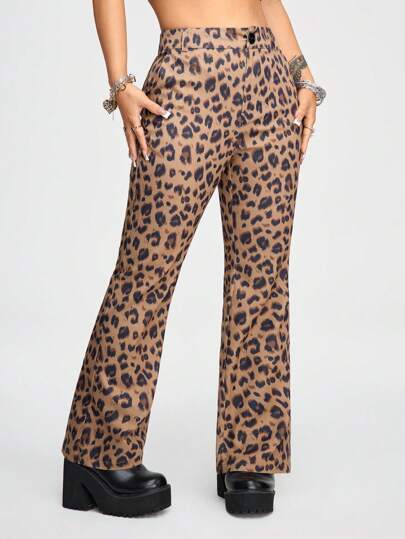 Grunge Punk Pantalones Acampanados Con Estampado De Leopardo Para Mujer