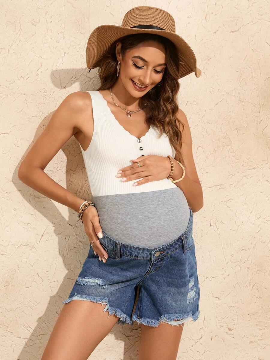 SHEIN 孕婦度假休閒高腰色塊磨損破洞牛仔短褲 - 深色水洗藍 - 查看 1