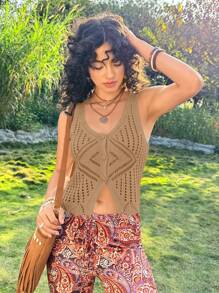 Soleia Asymmetric Crocheted Knitted Sweater For Women - Khaki - View 1