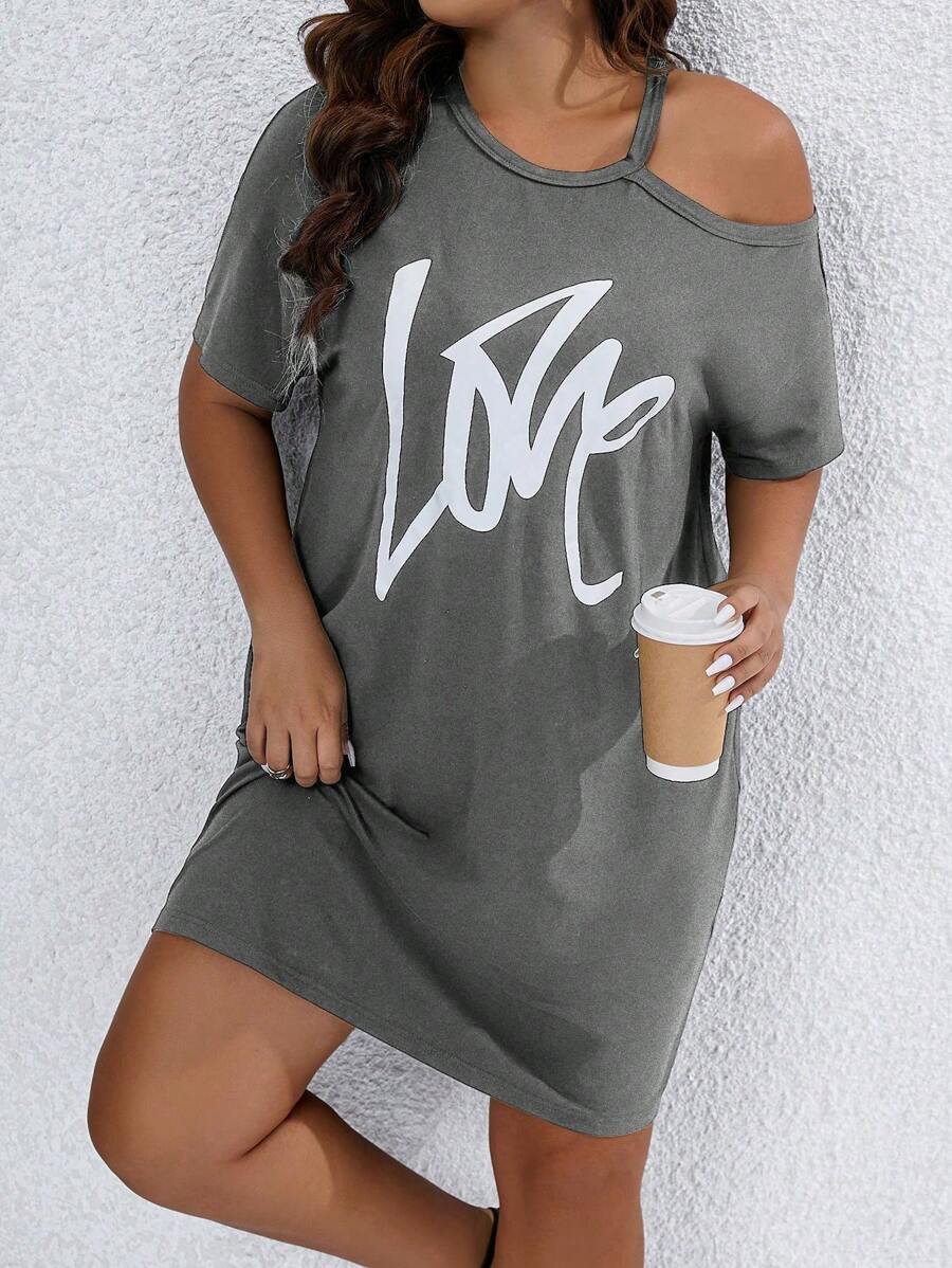 SHEIN LUNE Plus Size Nữ Váy cổ bất đối xứng in đơn giản - Xám - Xem 1