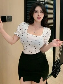 DAZY Camiseta de manga corta para mujer con diseño de lunares impresos - Blanco - Ver 4