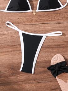 Swim SXY Bộ bikini cổ yếm viền màu dành cho nữ có mút đệm có thể tháo rời, dáng mùa hè - Đen và trắng - Xem 7