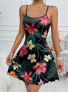 JOANA DEVOTO 艺术家度假花卉印花圆领休闲吊带睡袍 夏季，女士，夏季，情人节 - 黑色 - 查看 5