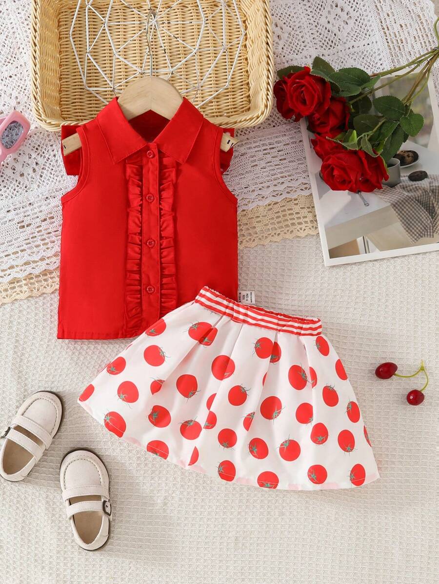 Niedlicher Tomaten bedruckter Rock und Top mit großem Schleife-Design auf der Rückseite für Baby Mädchen, im Landhausstil
